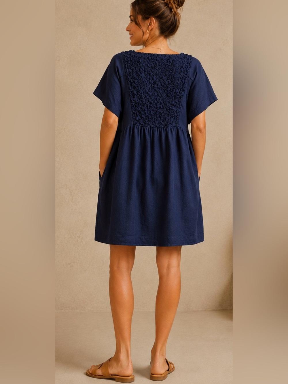 Claude Tulum 100% Linen Navy Ruffle Pocket Mini Dress One Size - Picture 3 of 16